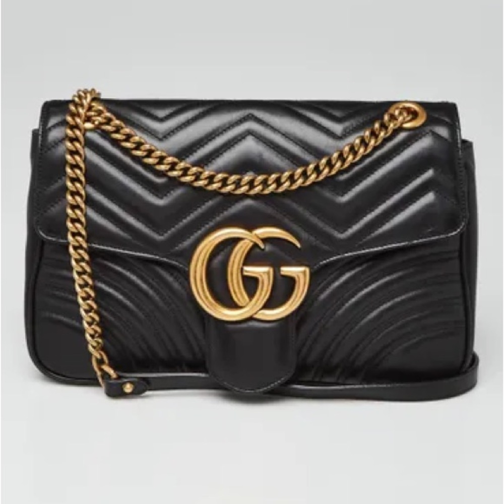 Gucci GG Marmont Medium Shoulder Bag Black Leather Gold Double G Chain